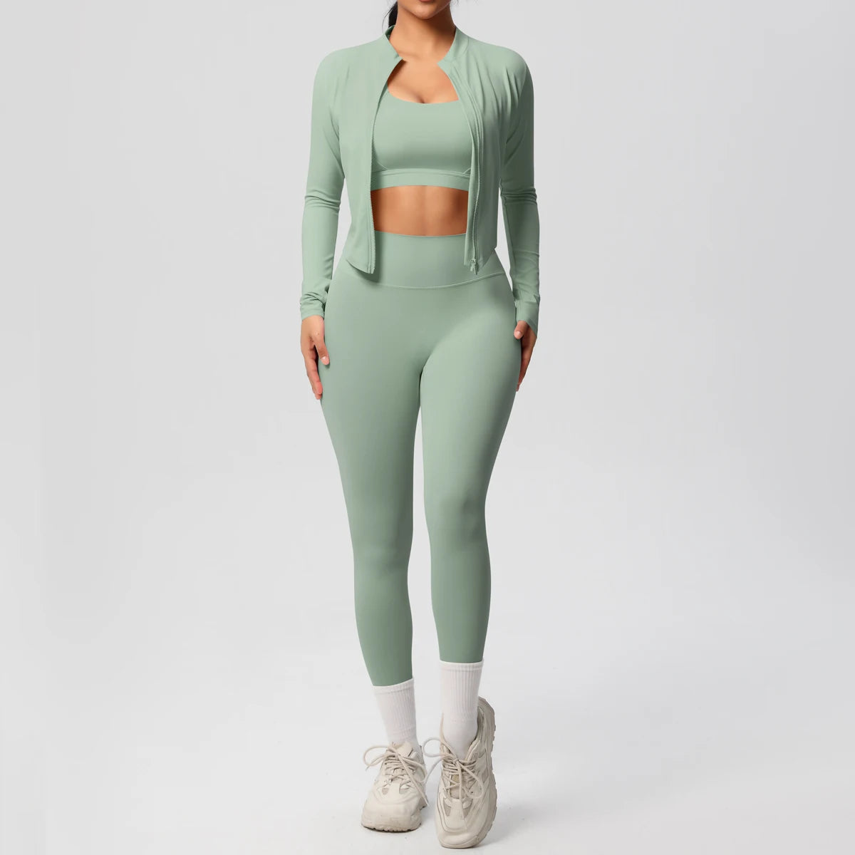 3-Piece SculptFit Yoga Set – Sports Bra, Zip Jacket & Leggings