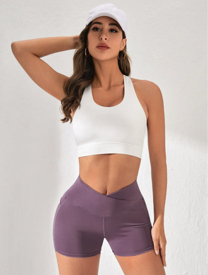 High-Waist Cross Waist Biker Shorts with Pockets