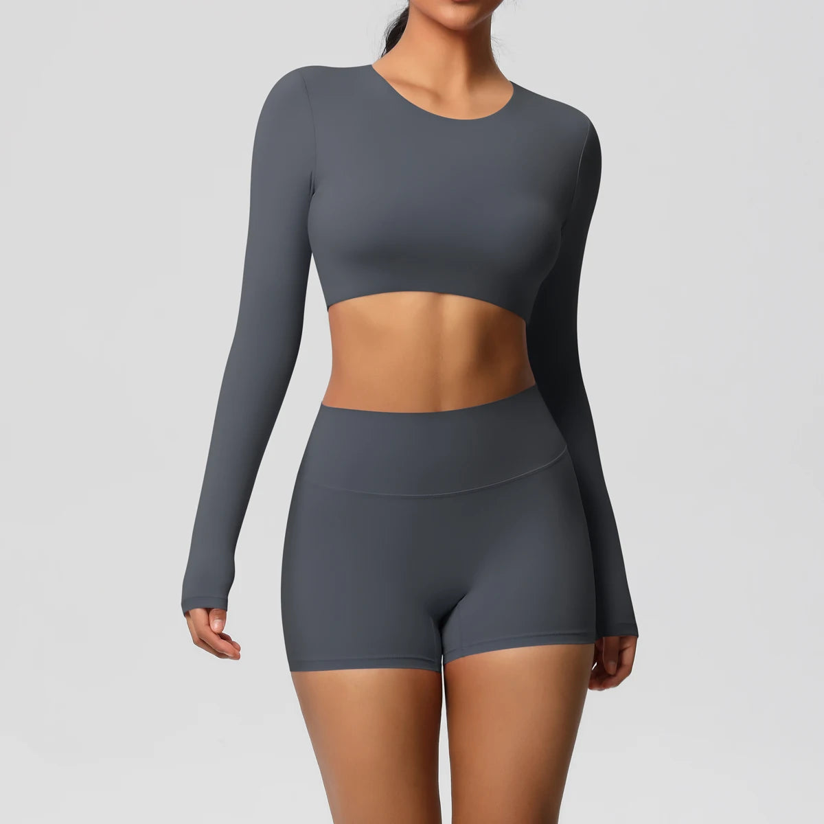Women's 2-Piece Long Sleeve Yoga Set – High-Waisted Leggings & Crop Top Workout Outfit