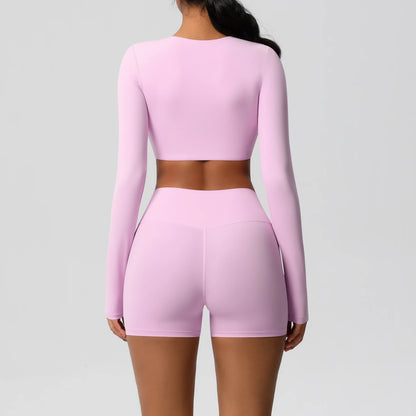 Women's 2-Piece Long Sleeve Yoga Set – High-Waisted Leggings & Crop Top Workout Outfit