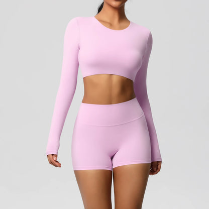 Women's 2-Piece Long Sleeve Yoga Set – High-Waisted Leggings & Crop Top Workout Outfit