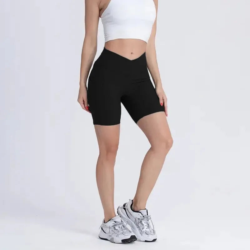 Cross-Band High-Waist Biker Shorts with Pockets