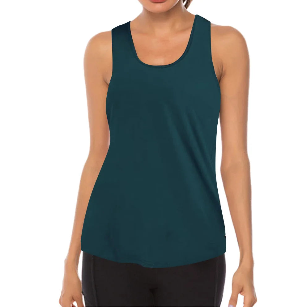 Person wearing a teal tank top on a white background