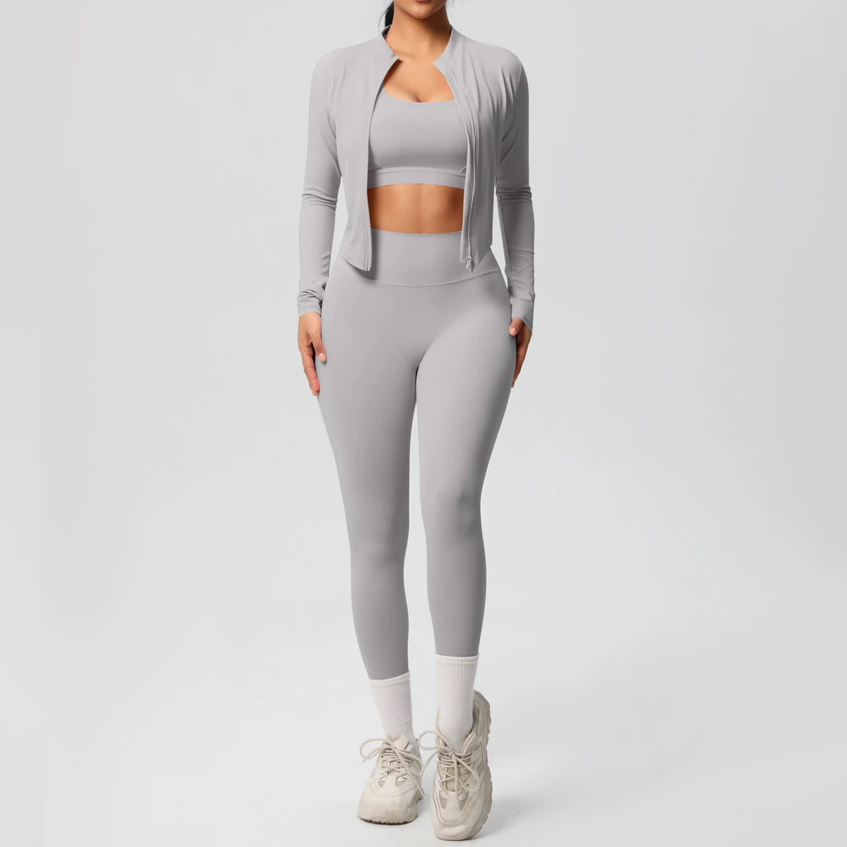 3-Piece SculptFit Yoga Set – Sports Bra, Zip Jacket & Leggings