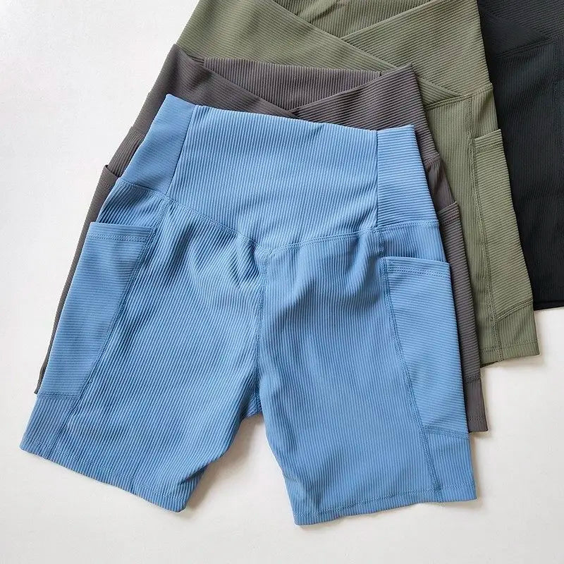 Cross-Band High-Waist Biker Shorts with Pockets