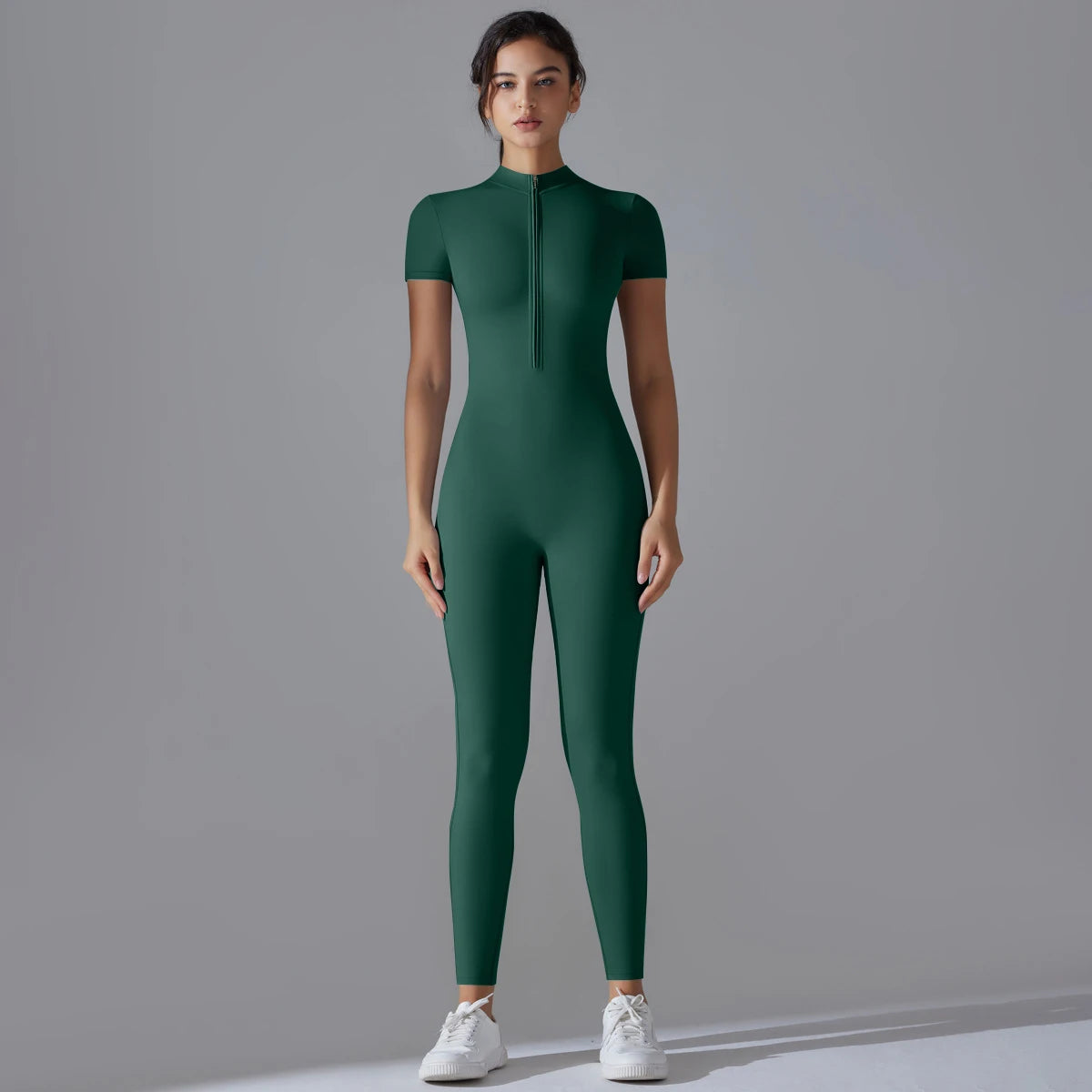 Zip-Up Short Sleeve Fitness Jumpsuit