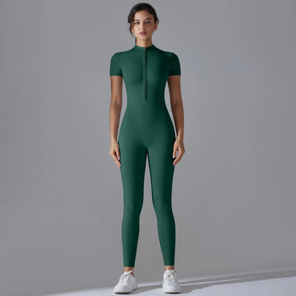 Zip-Up Short Sleeve Fitness Jumpsuit
