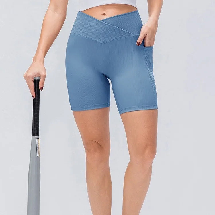 Cross-Band High-Waist Biker Shorts with Pockets