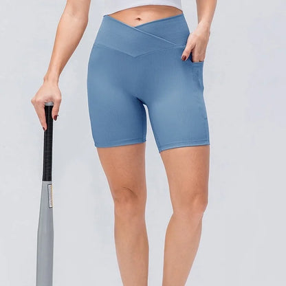 Cross-Band High-Waist Biker Shorts with Pockets