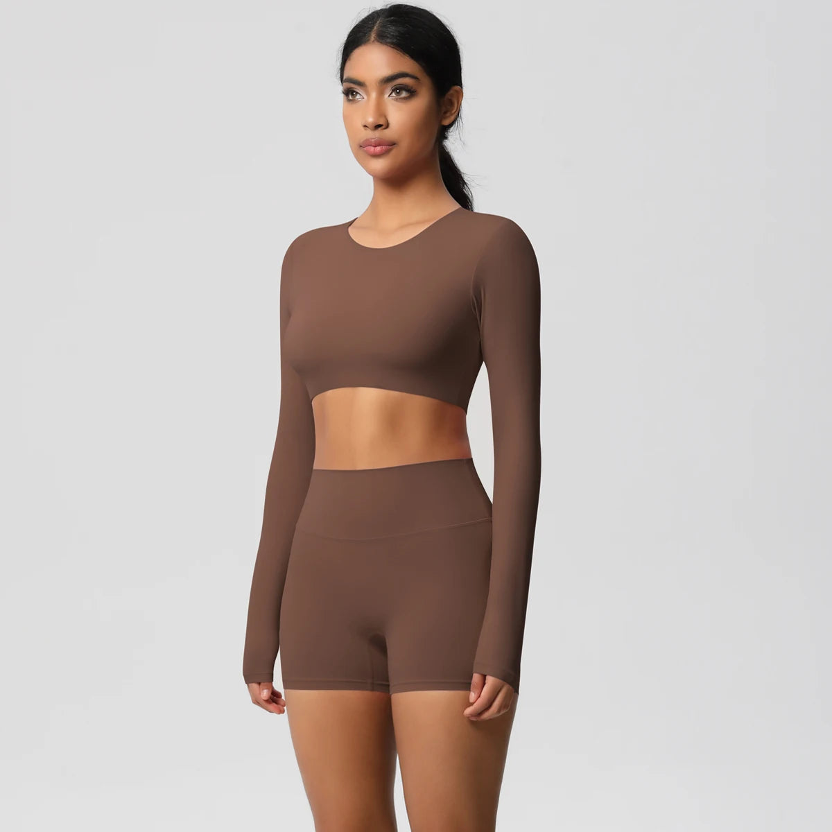 Women's 2-Piece Long Sleeve Yoga Set – High-Waisted Leggings & Crop Top Workout Outfit