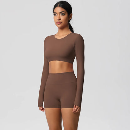 Women's 2-Piece Long Sleeve Yoga Set – High-Waisted Leggings & Crop Top Workout Outfit