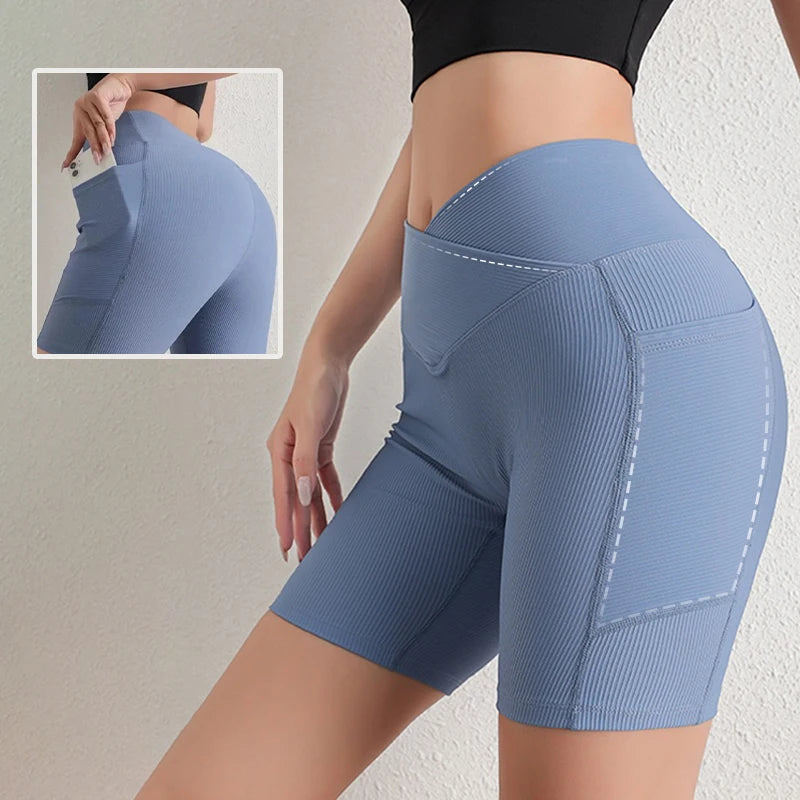 Cross-Band High-Waist Biker Shorts with Pockets