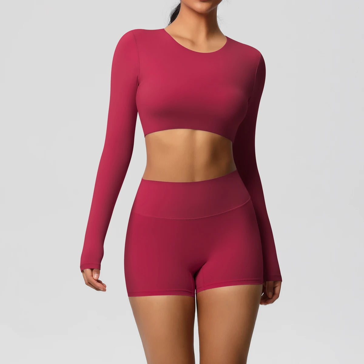 Women's 2-Piece Long Sleeve Yoga Set – High-Waisted Leggings & Crop Top Workout Outfit