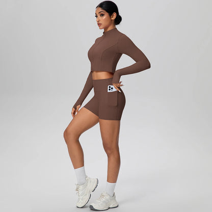 Women's Quick-Dry Running & Yoga Set – Zip-Up Jacket & Pocket Workout Shorts (2-Piece Activewear Set)