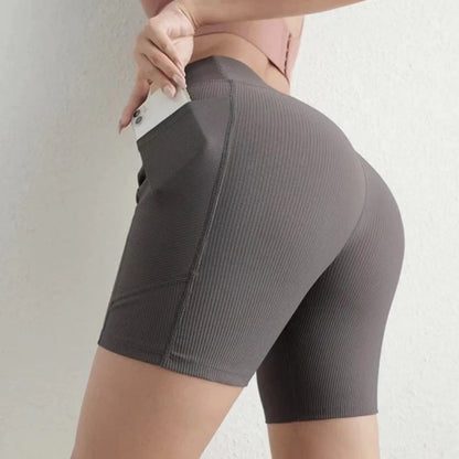 Cross-Band High-Waist Biker Shorts with Pockets