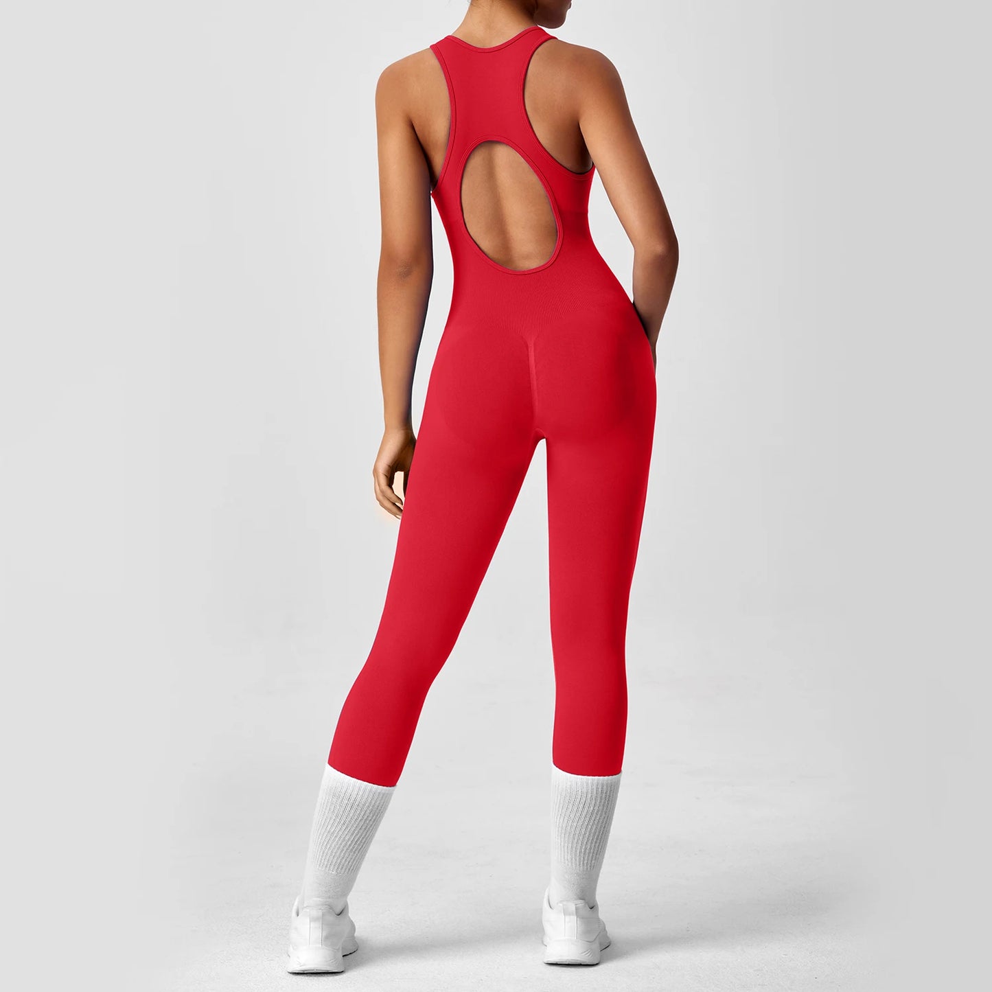 Seamless Peach Lift V-Back Yoga Jumpsuit – Tummy Control & Booty Sculpting Fit