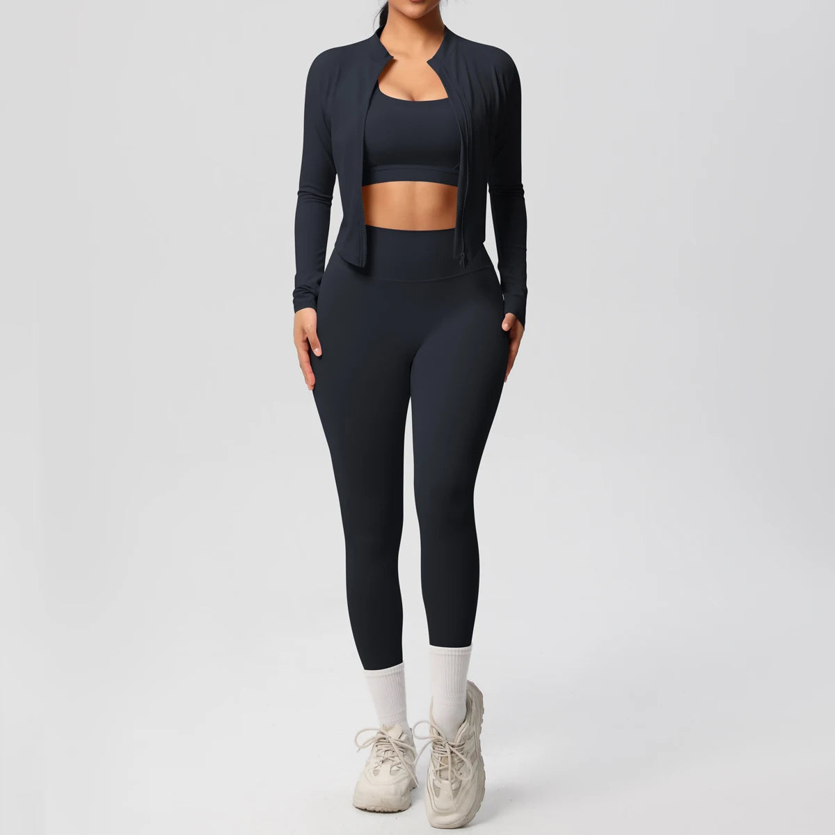 3-Piece SculptFit Yoga Set – Sports Bra, Zip Jacket & Leggings