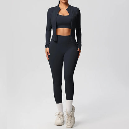 3-Piece SculptFit Yoga Set – Sports Bra, Zip Jacket & Leggings