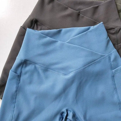Cross-Band High-Waist Biker Shorts with Pockets