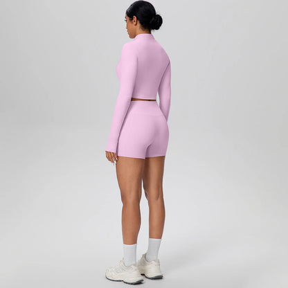 Women's Quick-Dry Running & Yoga Set – Zip-Up Jacket & Pocket Workout Shorts (2-Piece Activewear Set)