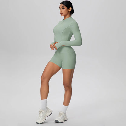 Women's Quick-Dry Running & Yoga Set – Zip-Up Jacket & Pocket Workout Shorts (2-Piece Activewear Set)