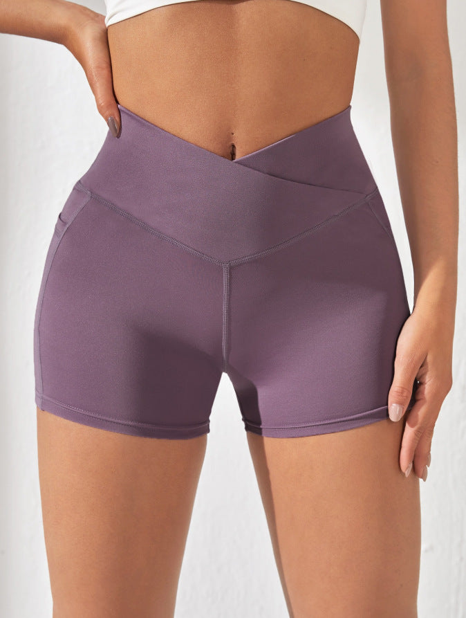 High-Waist Cross Waist Biker Shorts with Pockets