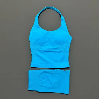 Seamless Activewear Set – Strappy Halter Sports Bra & Shorts