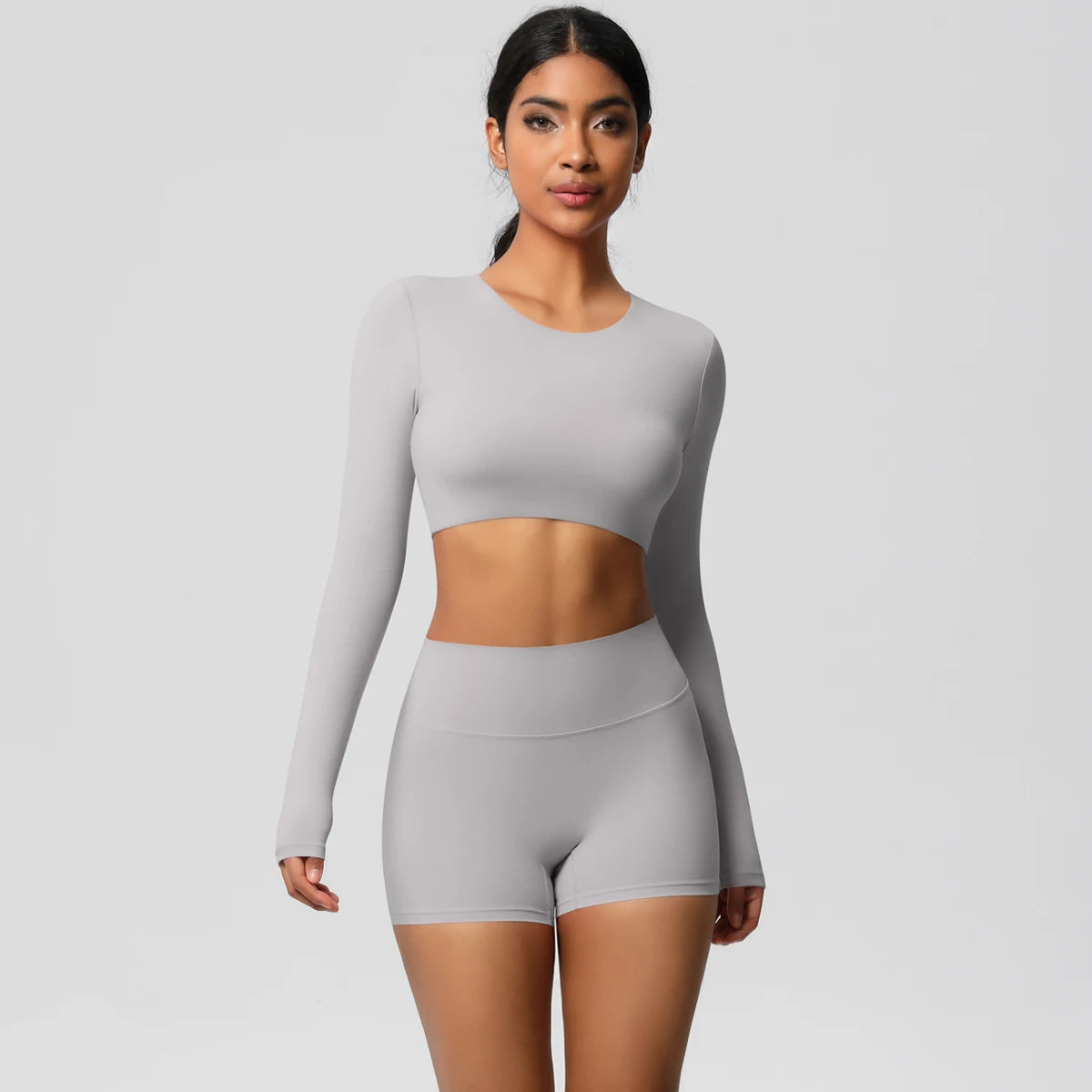 Women's 2-Piece Long Sleeve Yoga Set – High-Waisted Leggings & Crop Top Workout Outfit