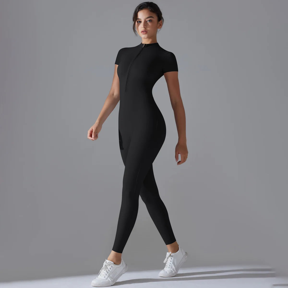 Zip-Up Short Sleeve Fitness Jumpsuit