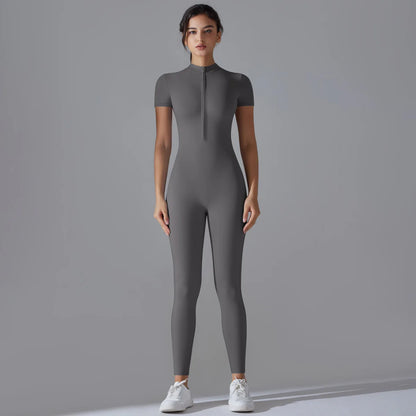 Zip-Up Short Sleeve Fitness Jumpsuit