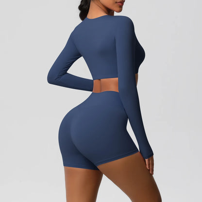 Women's 2-Piece Long Sleeve Yoga Set – High-Waisted Leggings & Crop Top Workout Outfit