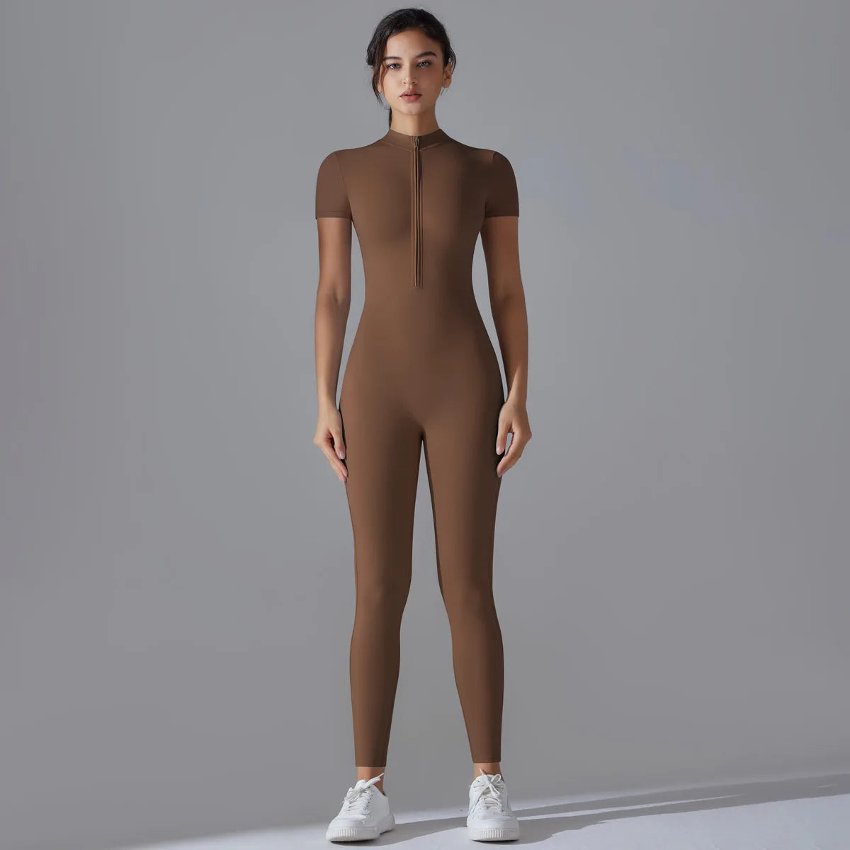 Zip-Up Short Sleeve Fitness Jumpsuit