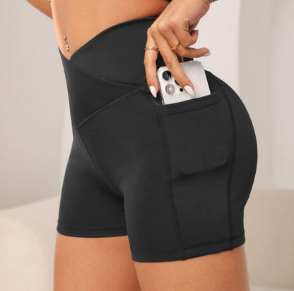 High-Waist Cross Waist Biker Shorts with Pockets