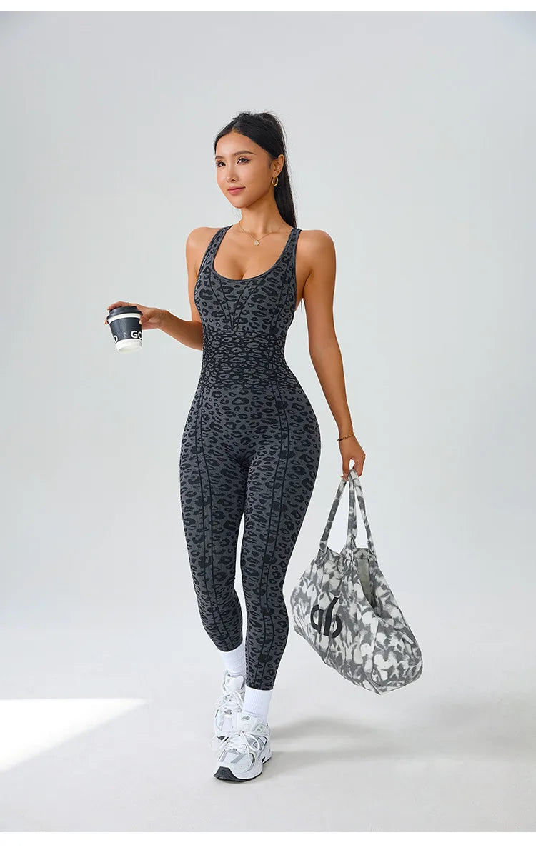 Women's Seamless Leopard Print Cross-Back Jumpsuit – High-Stretch Sculpting Workout One-Piece