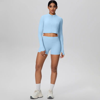 Women's Quick-Dry Running & Yoga Set – Zip-Up Jacket & Pocket Workout Shorts (2-Piece Activewear Set)