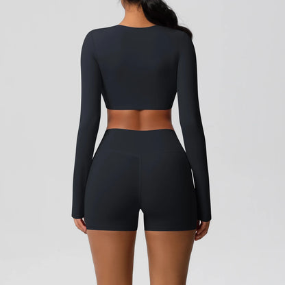 Women's 2-Piece Long Sleeve Yoga Set – High-Waisted Leggings & Crop Top Workout Outfit