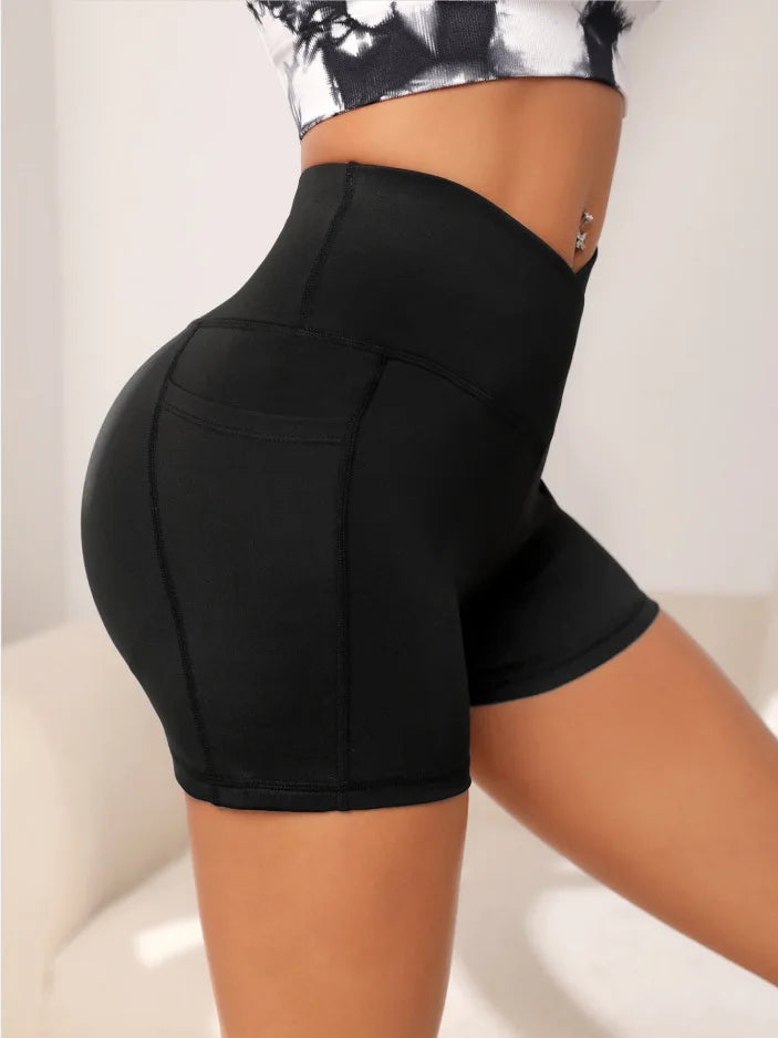High-Waist Cross Waist Biker Shorts with Pockets