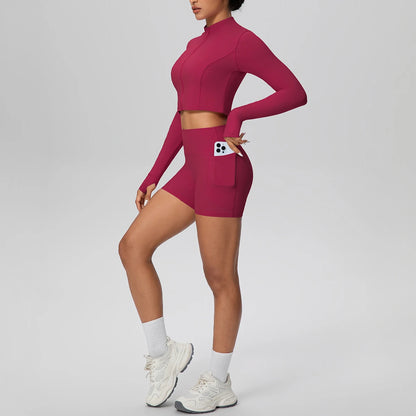 Women's Quick-Dry Running & Yoga Set – Zip-Up Jacket & Pocket Workout Shorts (2-Piece Activewear Set)
