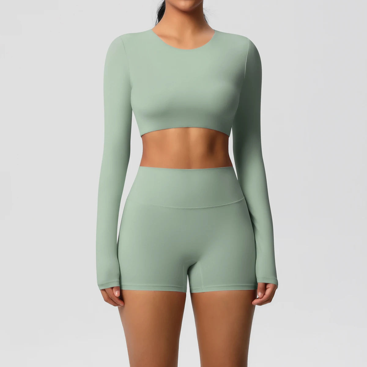 Women's 2-Piece Long Sleeve Yoga Set – High-Waisted Leggings & Crop Top Workout Outfit