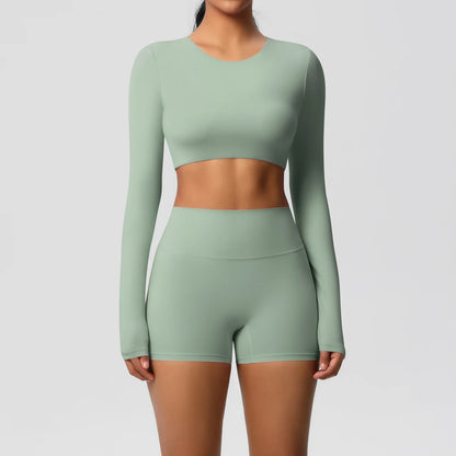 Women's 2-Piece Long Sleeve Yoga Set – High-Waisted Leggings & Crop Top Workout Outfit