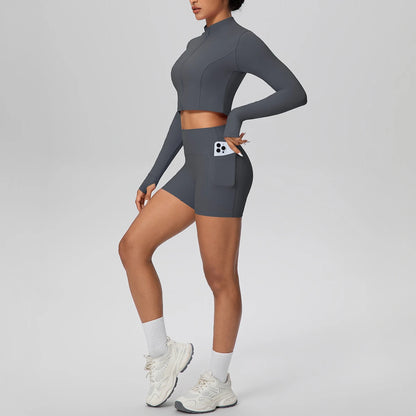 Women's Quick-Dry Running & Yoga Set – Zip-Up Jacket & Pocket Workout Shorts (2-Piece Activewear Set)