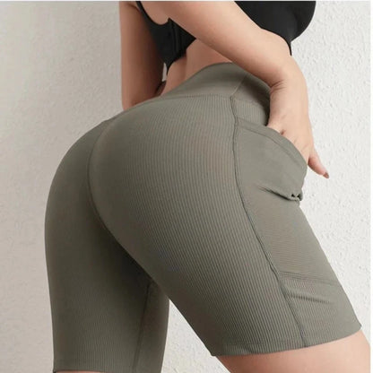 Cross-Band High-Waist Biker Shorts with Pockets