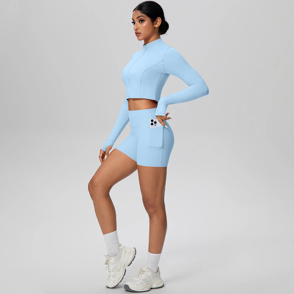 Women's Quick-Dry Running & Yoga Set – Zip-Up Jacket & Pocket Workout Shorts (2-Piece Activewear Set)