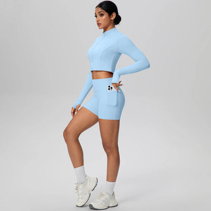 Women's Quick-Dry Running & Yoga Set – Zip-Up Jacket & Pocket Workout Shorts (2-Piece Activewear Set)