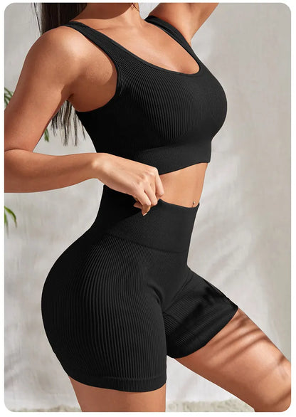 Ribbed Fitness Shorts Set for Women – Seamless Gym Outfit