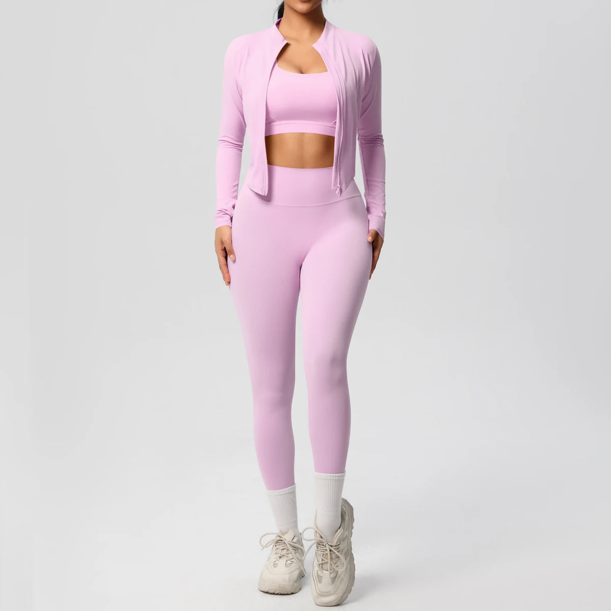3-Piece SculptFit Yoga Set – Sports Bra, Zip Jacket & Leggings