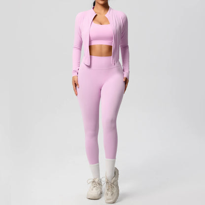 3-Piece SculptFit Yoga Set – Sports Bra, Zip Jacket & Leggings