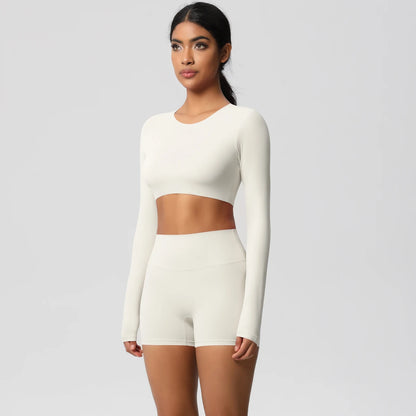 Women's 2-Piece Long Sleeve Yoga Set – High-Waisted Leggings & Crop Top Workout Outfit