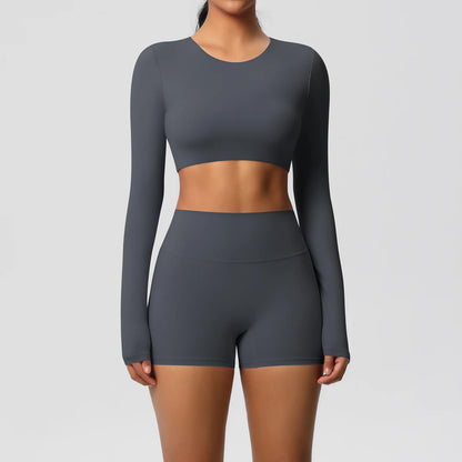 Women's 2-Piece Long Sleeve Yoga Set – High-Waisted Leggings & Crop Top Workout Outfit