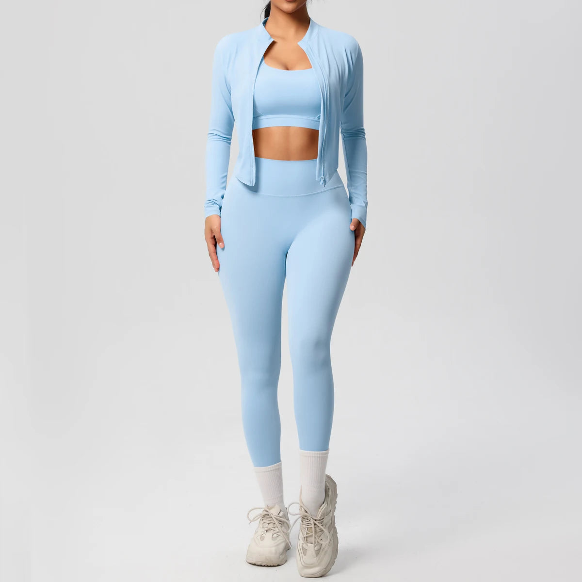 3-Piece SculptFit Yoga Set – Sports Bra, Zip Jacket & Leggings